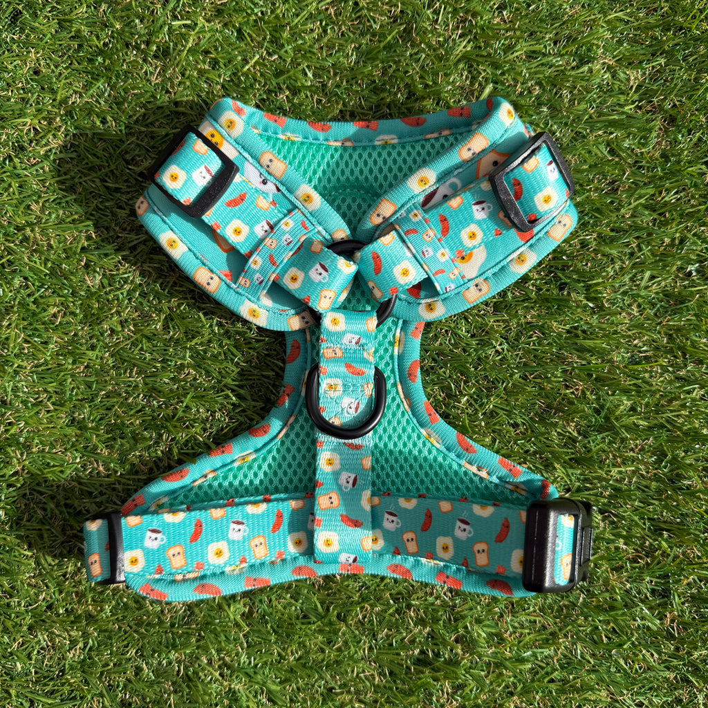 Hondentuigje blauw/groen met ontbijt figuurtjes - Happy Breakfast